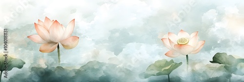 A serene watercolor depiction of two blooming lotus flowers surrounded by soft clouds and lush green leaves.