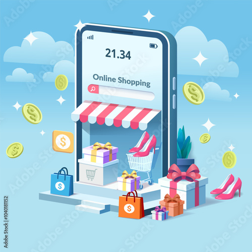 illustration of online shopping on a mobile phone with gifts, high heels, a shopping cart, and money icons. Ideal for concepts related to e-commerce, digital shopping, and mobile retail platforms