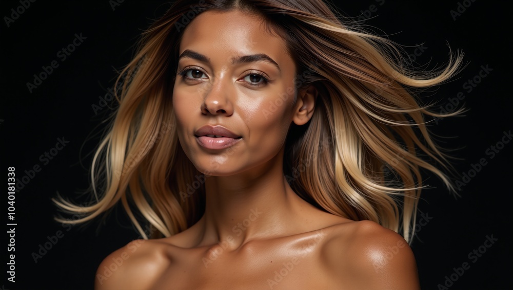 An elegant African-American woman poses on black background showcasing flowing blonde hair in a haircare ad An elegant African-American woman poses on black background showcasing flowing blonde hair in a haircare ad
