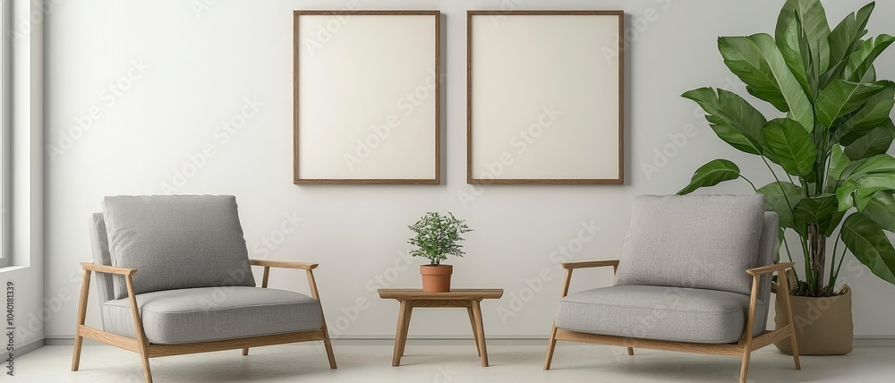 Symmetrical Minimalist Living Room with Empty Natural Wood Picture Frames on White Wall - Clean, Tranquil Home Interior Design Concept