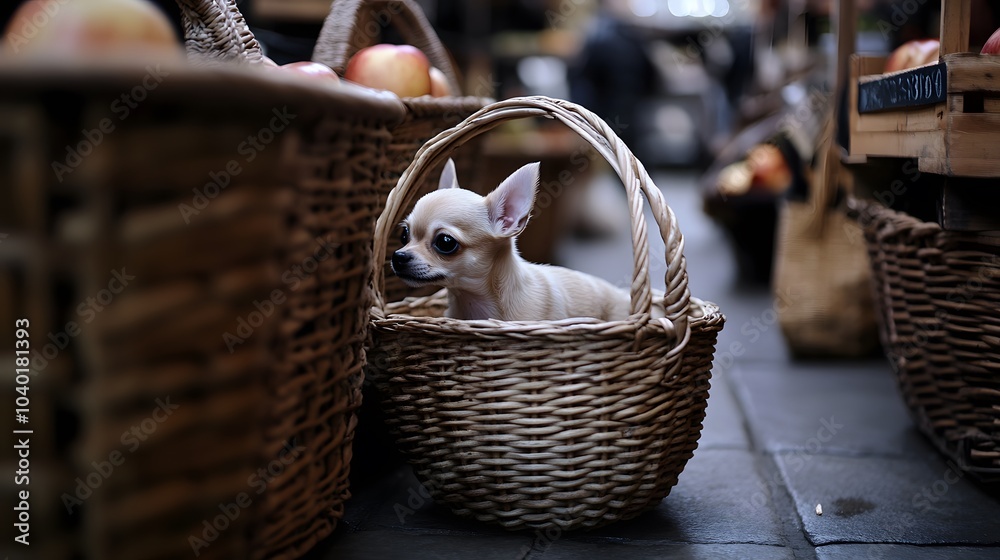 Obraz premium playful Chihuahua puppy exploring a basket of apples at a fall harvest market , High-resolution,Ultra-realistic,Crystal-clear