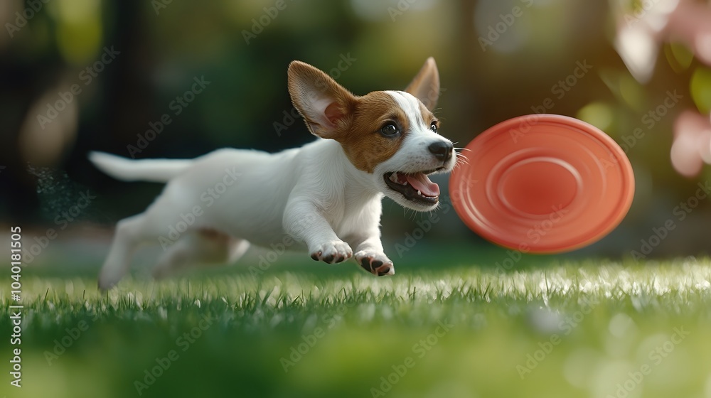 playful Jack Russell Terrier puppy chasing a frisbee at a summer park event , High-resolution,Ultra-realistic,Crystal-clear playful Jack Russell Terrier puppy chasing a frisbee at a summer park event , High-resolution,Ultra-realistic,Crystal-clear