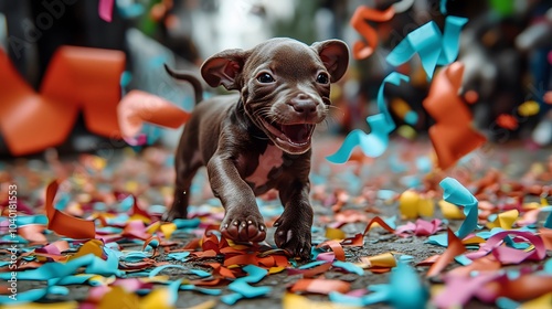 playful Staffordshire Bull Terrier puppy playing with colorful streamers at a spring festival , High-resolution,Ultra-realistic,Crystal-clear photo