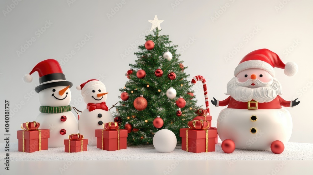 Christmas tree, snta Claus, snowman and gifts flat design front view North Pole theme 3D render Christmas tree, snta Claus, snowman and gifts flat design front view North Pole theme 3D render
