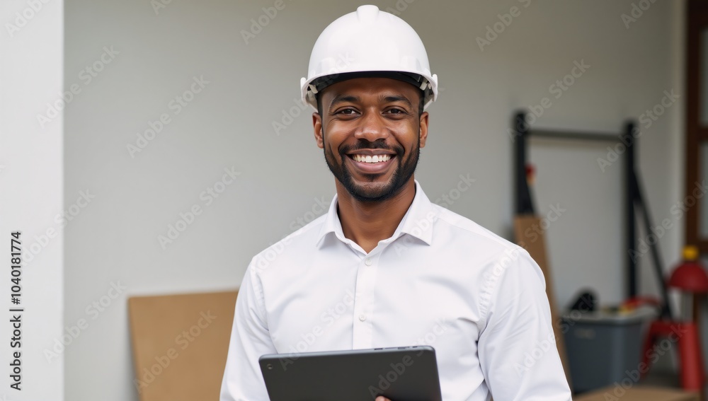 African-American construction worker smiling while holding a digital tablet hard hat on African-American construction worker smiling while holding a digital tablet hard hat on