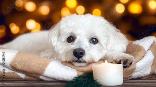 A Bichon Frise resting on a cozy blanket at a winter holiday market , High-resolution,Ultra-realistic,Crystal-clear