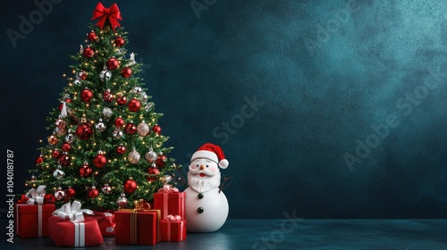 Christmas tree, snta Claus, snowman and gifts flat design front view North Pole theme 3D render  photo