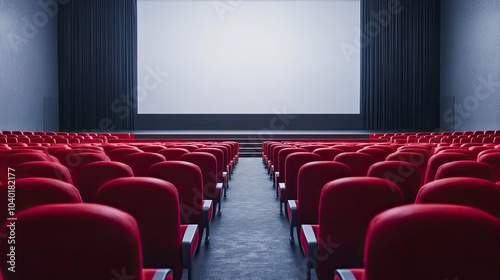 Rows of red theater seats in an empty cinema, with a large screen waiting for the movie to start, isolated on white