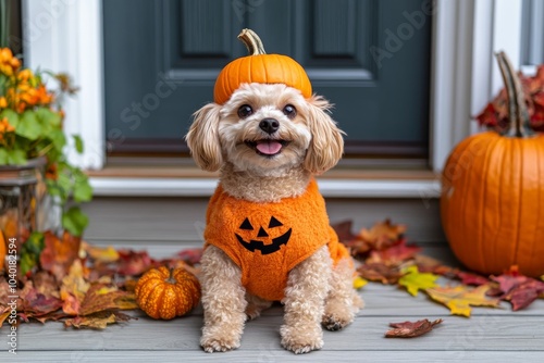 A dog in a pumpkin costume sits on a porch decorated with pumpkins and autumn leaves, exuding happiness and capturing the essence of Halloween celebration. photo