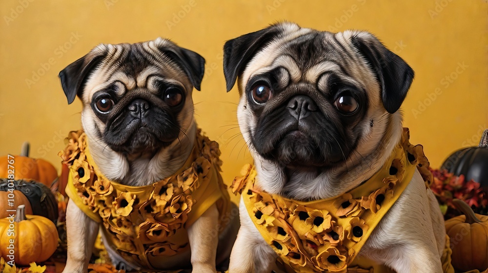 Obraz premium Realistic pug dogs on a yellow background without any objects in a clean Halloween-style environment in a festive costume on the day of all the dead
