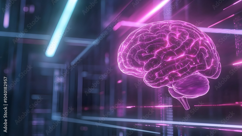 Futuristic Hologram Brain Over Neon Cyber City - Vibrant Digital Network Overlay in a Wide-Angle Shot of a Sci-Fi Urban Landscape Futuristic Hologram Brain Over Neon Cyber City - Vibrant Digital Network Overlay in a Wide-Angle Shot of a Sci-Fi Urban Landscape