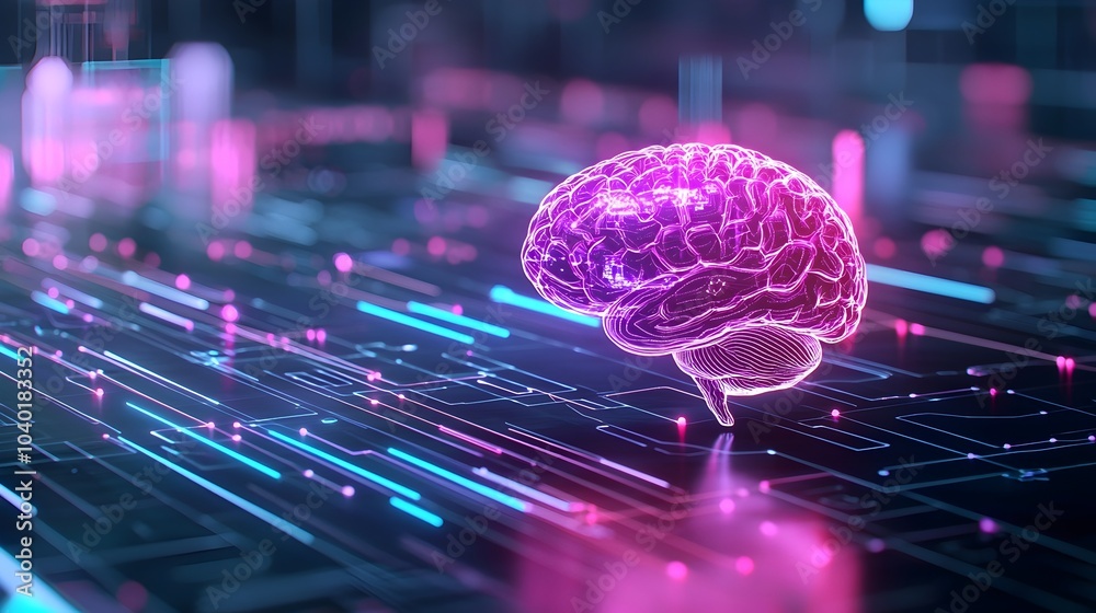 Holographic Brain Overlooking a Vibrant Tech City - Advanced Smart Infrastructure Illuminated in a Futuristic Reality Holographic Brain Overlooking a Vibrant Tech City - Advanced Smart Infrastructure Illuminated in a Futuristic Reality
