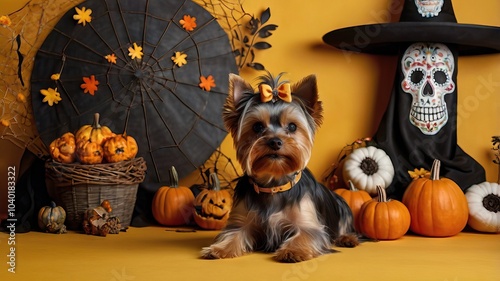 Realistic Yorkshire Terrier dogs on a yellow background without any objects in a clean Halloween-style environment in a festive costume on the day of all the dead photo