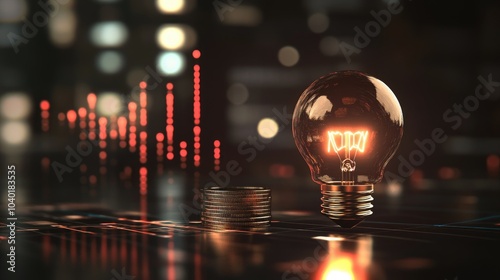 Coin and Light bulb shining over a graph, idea and business growth, 3D illustration 