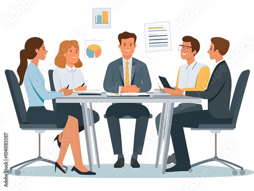 Flat Business Leader Facilitating Team Strategy Discussion, Candid Leadership Vector Illustration, Encouraging Collaboration, Professional Yet Informal Business Setting, Guiding Decision Making Proces