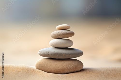 Balanced stones on sandy beach