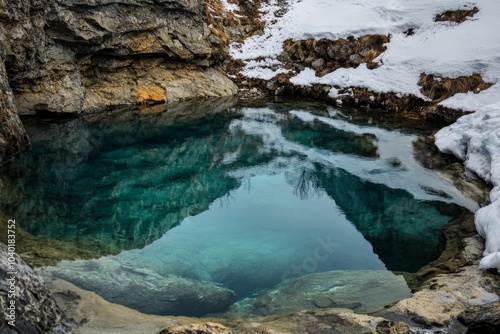 Pristine alpine spring nestled in a rocky enclave, exhibiting pure, shimmering waters surrounded by rugged, snowy terrain under light cloud cover.