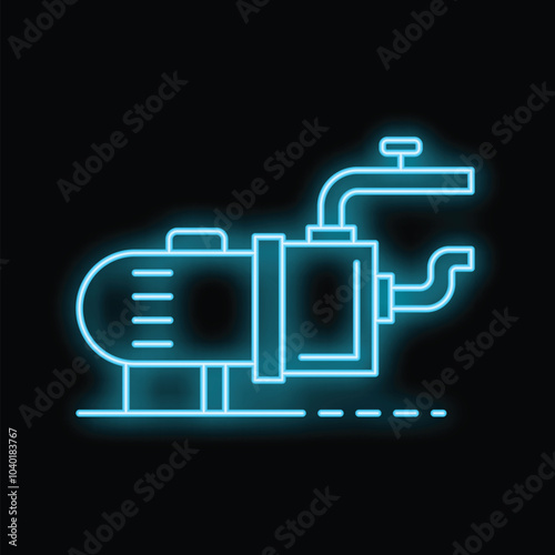 Glowing neon blue icon of a water pump with pipes and valve
