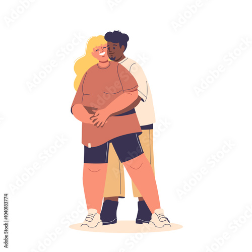 Happy Chubby Couple Embracing Each Other In Loving Hug Expressing Joy And Affection While Standing Together