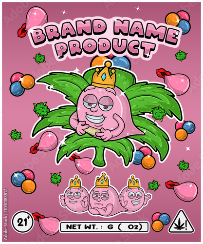 Cartoon bubble gum flavor with cannabis leaf, designed for logo, label or packaging