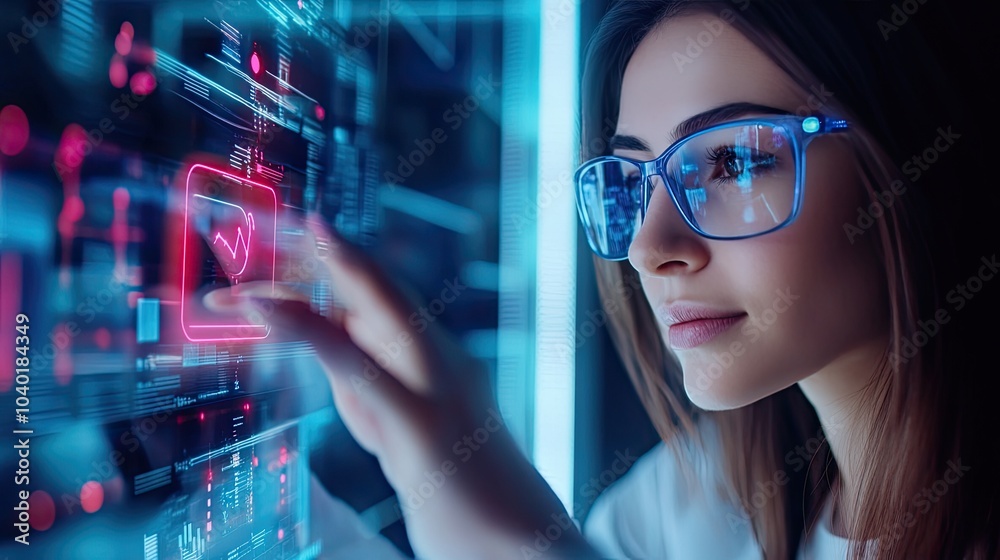Woman Interacting with Advanced Technology Interface Woman Interacting with Advanced Technology Interface