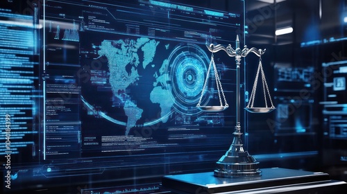 Scales of justice alongside global data visuals photo