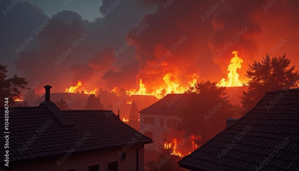 Fototapeta premium Urgent Wildfire engulfs neighborhood threatening homes