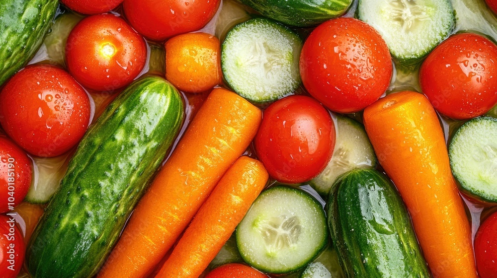 Close-up of fresh carrots, cucumbers, and tomatoes with vibrant colors and copy space Close-up of fresh carrots, cucumbers, and tomatoes with vibrant colors and copy space