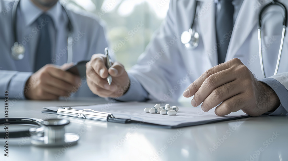 Fototapeta premium Medical Discussion Between Doctor and Businessman With Emblem and Stethoscope