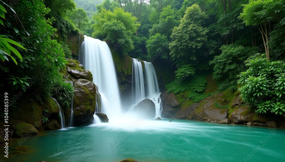 Naklejka premium Emerald Paradise A waterfall cascades into a serene lagoon