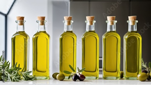 Six corked bottles of olive oil are neatly lined on a white countertop, surrounded by fresh olives and rosemary sprigs. A modern kitchen setting.