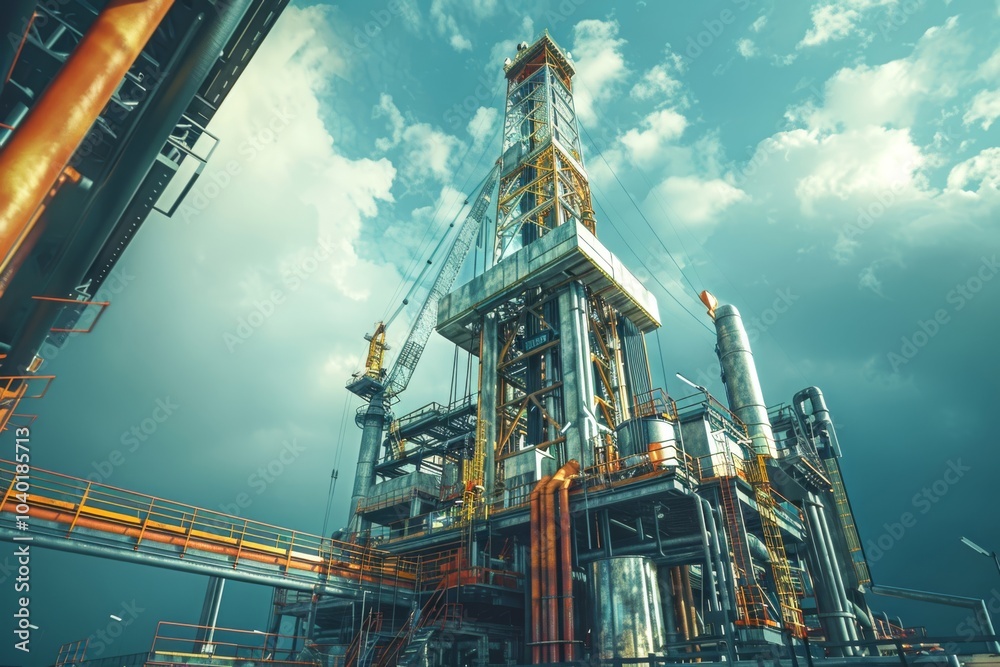 Towering drilling rig operating in an oil field, with intricate machinery and piping systems, highlighting the complexity of heavy machinery Towering drilling rig operating in an oil field, with intricate machinery and piping systems, highlighting the complexity of heavy machinery
