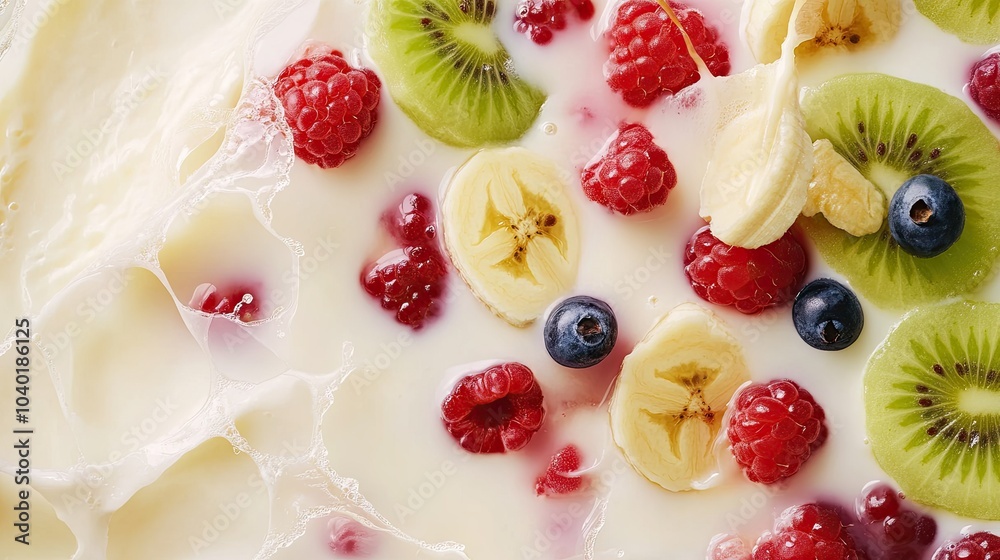 Colorful mixed fruit (kiwi, berries, banana) splashed in milk. Clean, vibrant copy space for branding Colorful mixed fruit (kiwi, berries, banana) splashed in milk. Clean, vibrant copy space for branding