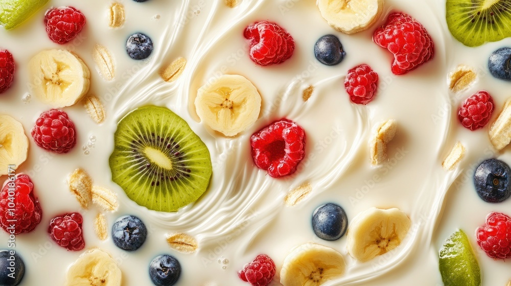 Colorful mixed fruit (kiwi, berries, banana) splashed in milk. Clean, vibrant copy space for branding Colorful mixed fruit (kiwi, berries, banana) splashed in milk. Clean, vibrant copy space for branding