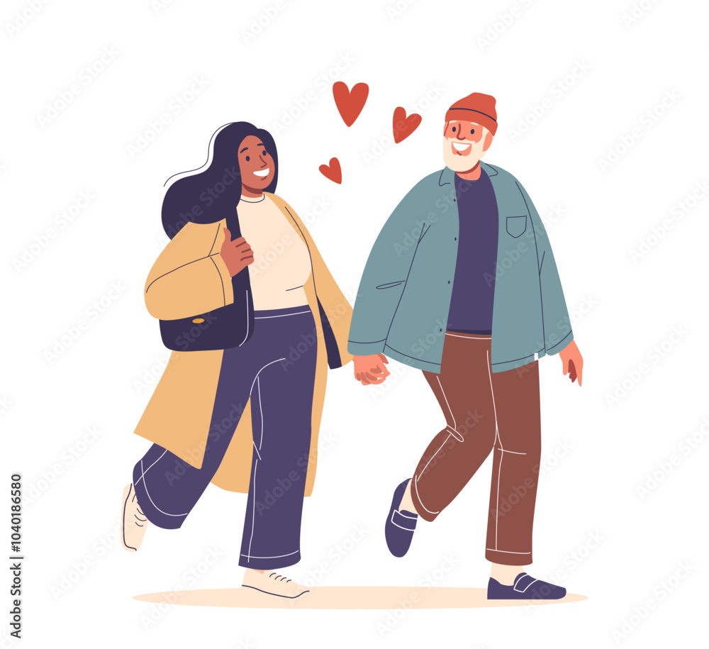 Joyful Chubby Couple Holding Hands And Walking Together While Smiling With Hearts Floating Above Their Heads Joyful Chubby Couple Holding Hands And Walking Together While Smiling With Hearts Floating Above Their Heads