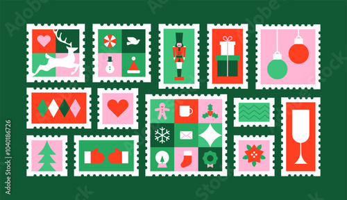 Modern geometric christmas post card stamp set. Abstract xmas holiday postage sticker with traditional winter icon decoration. Festive party invitation collection, minimalist december event bundle.