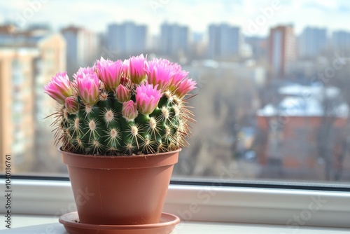 A charming image of a cactus with vibrant pink flowers blooming, sitting in a pot on a window ledge, backdrop of urban skyline, depicting urban tranquility. photo