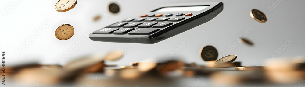 Levitating Calculator and Coins Symbolizing Financial Planning: High Resolution Image of Suspended Calculator and Coins against White Background, Meticulous Budgeting Focus with Sharp Button and Coin Levitating Calculator and Coins Symbolizing Financial Planning: High Resolution Image of Suspended Calculator and Coins against White Background, Meticulous Budgeting Focus with Sharp Button and Coin