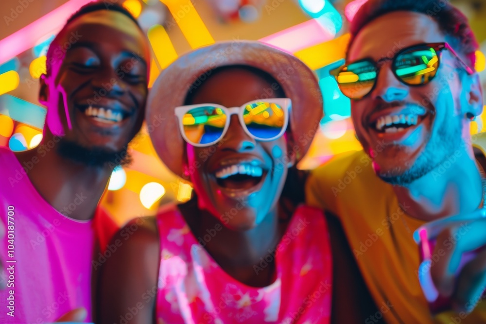 Cheerful friends enjoying a vibrant summer evening at a trendy bar with colorful neon lights