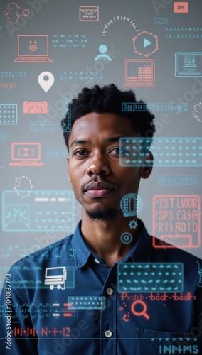 A digital art illustration showcases an African-American IT student excelling in coding cybersecurity AI and computer science  dreamy  abstract patterned for online learning photo