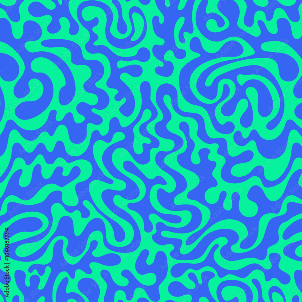 Abstract background pattern with colorful waves. Psychedelic groovy trippy y2k retro seamless pattern in blue and green colors. Wavy and swirled brush strokes liquid background for packaging design