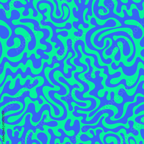 Abstract background pattern with colorful waves. Psychedelic groovy trippy y2k retro seamless pattern in blue and green colors. Wavy and swirled brush strokes liquid background for packaging design