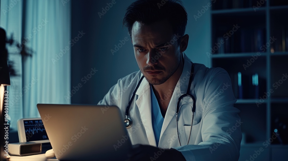 Doctor using laptop, modern healthcare technology, digital medical solutions Doctor using laptop, modern healthcare technology, digital medical solutions