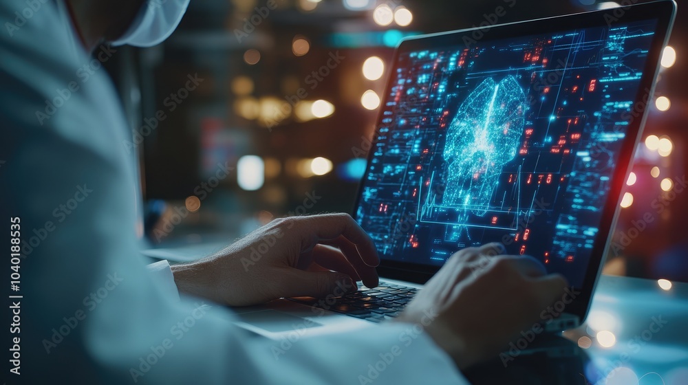Doctor using laptop, modern healthcare technology, digital medical solutions Doctor using laptop, modern healthcare technology, digital medical solutions