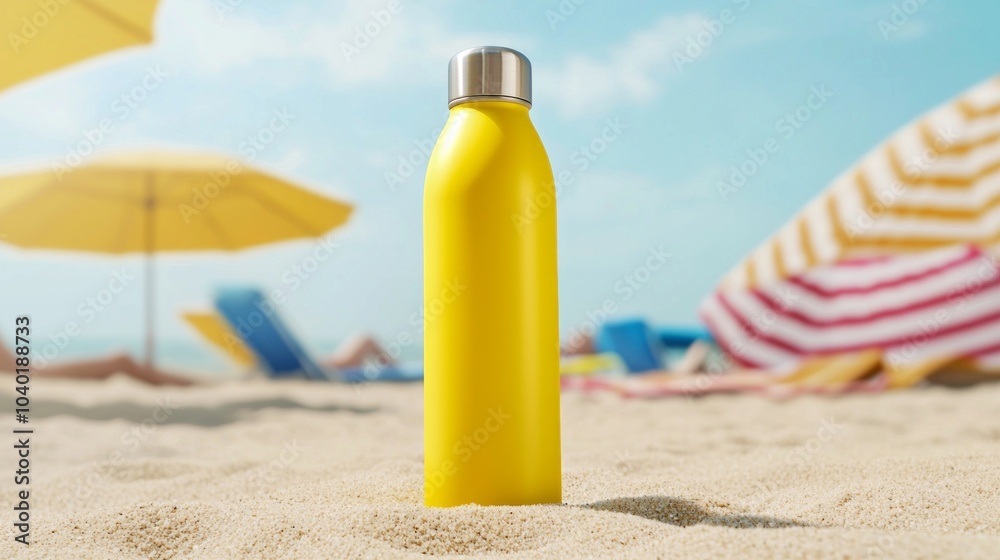 Vibrant Summer Vibes: Yellow Thermo Water Bottle on Sandy Beach with Beach Towels and Umbrellas | Ultra-Detailed Scene of Beach Essentials Vibrant Summer Vibes: Yellow Thermo Water Bottle on Sandy Beach with Beach Towels and Umbrellas | Ultra-Detailed Scene of Beach Essentials