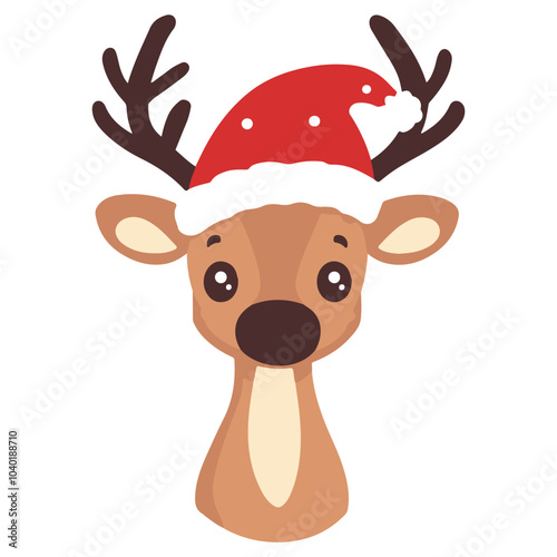 Cute cartoon reindeer wearing a red Santa hat, representing holiday spirit and festive cheer during winter celebrations