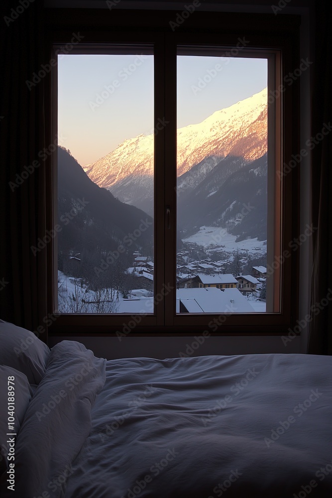 Fototapeta premium Cozy bedroom offering stunning view of snow capped mountain range at sunset