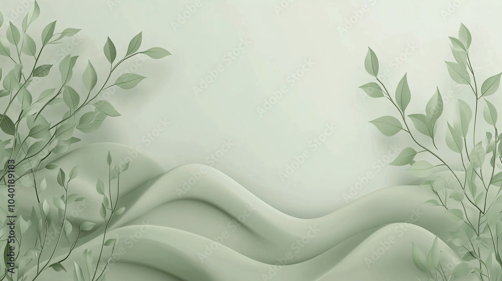 Minimal green nature background with delicate leaves and soft flowing curves for eco-friendly design and packaging. Minimal green nature background with delicate leaves and soft flowing curves for eco-friendly design and packaging.