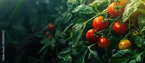 A tomato plant showing vibrant flowers with a blank space for writing beside it in the image. Copy space image. Place for adding text and design photo