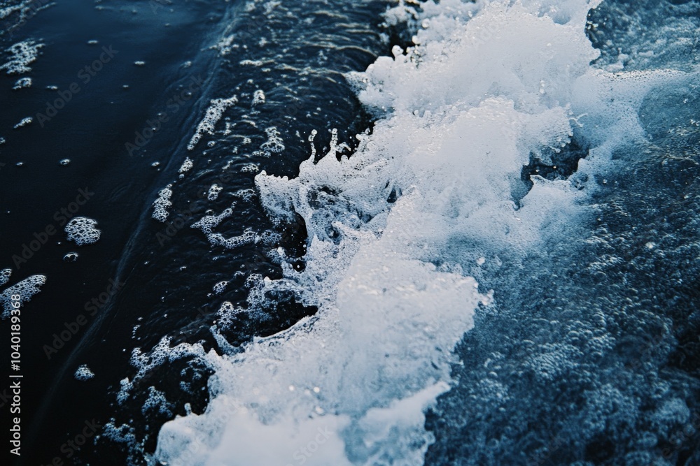 Obraz premium This image captures a close-up view of ocean waves, showcasing the intricate details of foamy textures created by the powerful movement of the water against the surface.